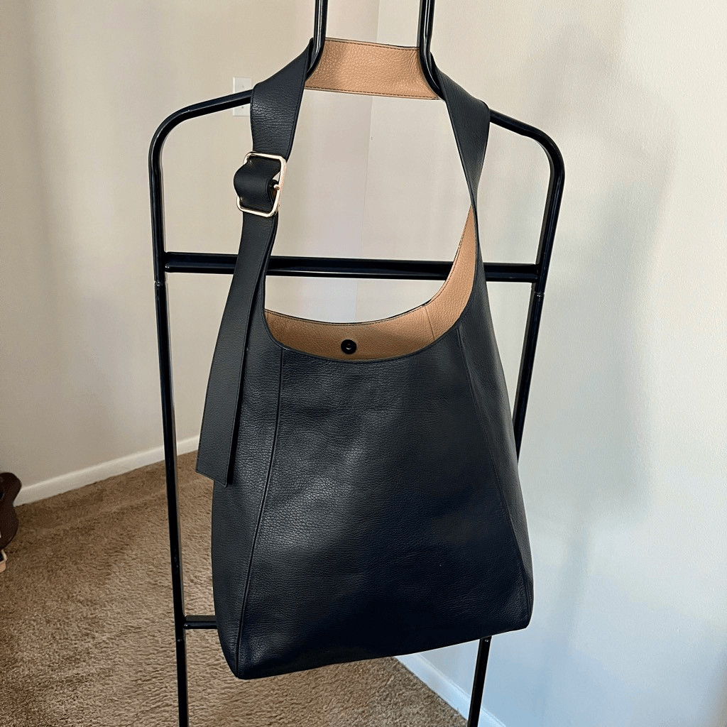 COS Black Curved Leather Tote Adjustable Strap Minimalist Shoulder Bag