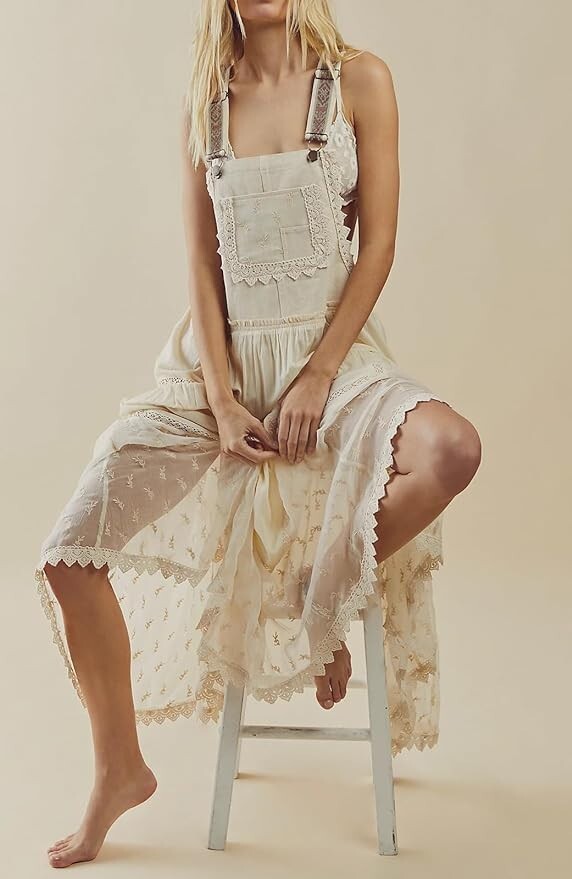 Women’s Laced Embroidered Tulle Bib Dress Casual Loose Adjustable Straps Maxi