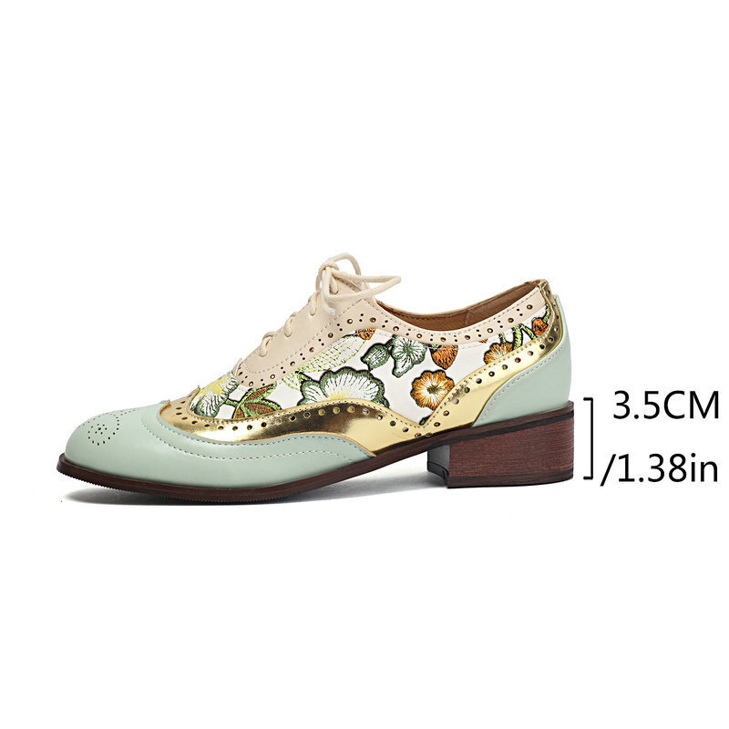 Women’s Ethnic Oxfords Colorblock Patchwork Shoes Floral Two Tone Low Heel Pumps
