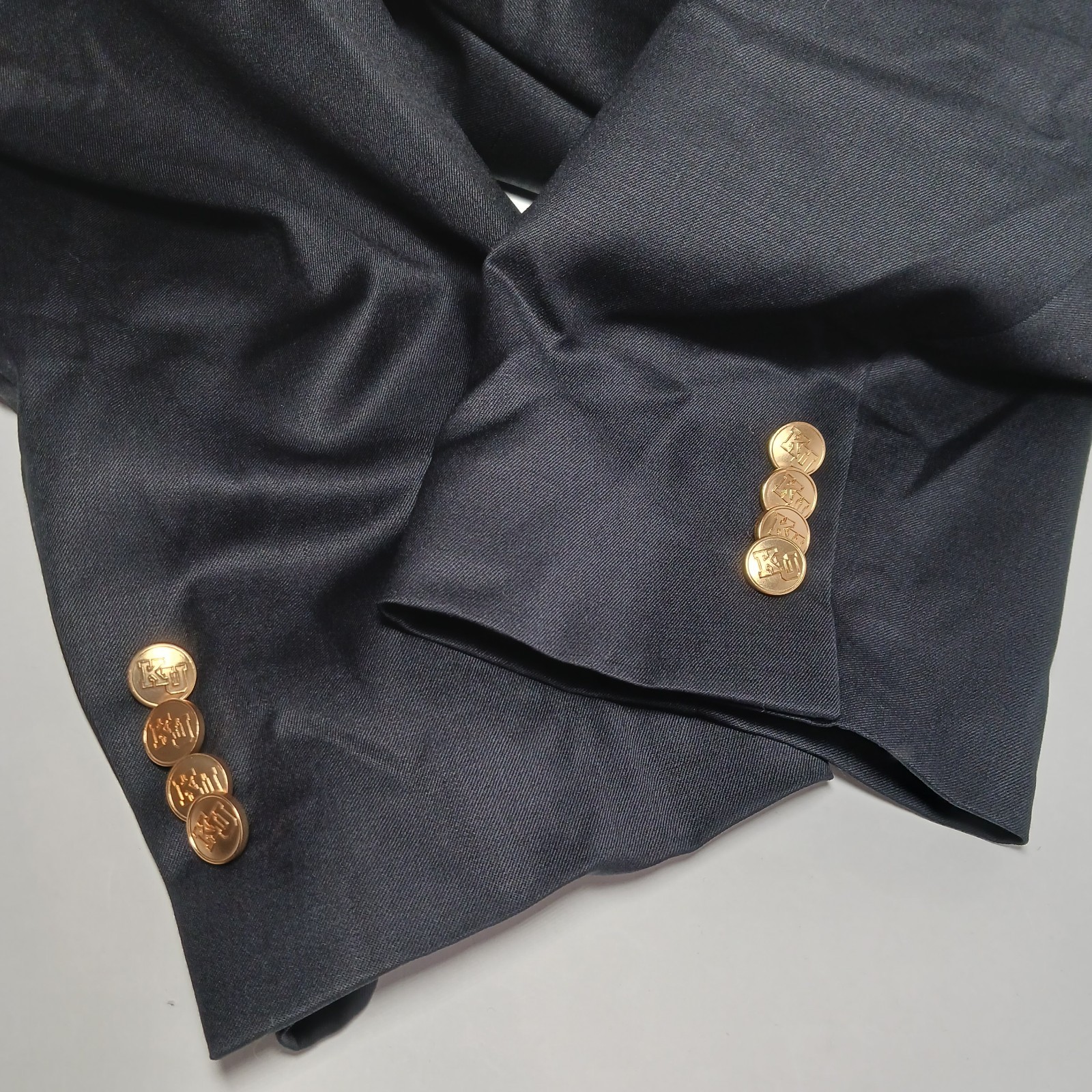 100% Worsted Wool Solid Black Sport Coat Mens 48L Kansas University Gold Buttons