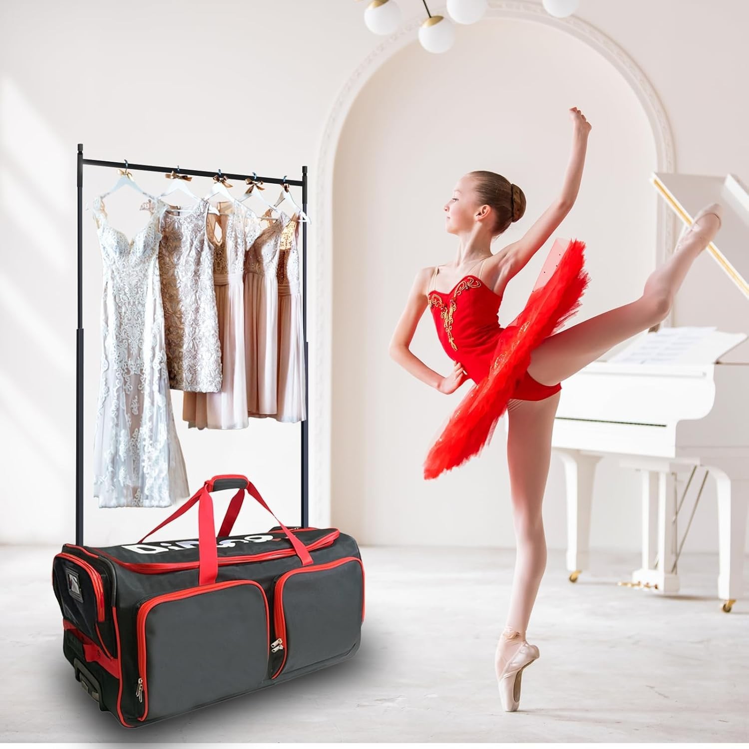 28 Inch Dance Bag with Garment Rack Rolling Duffel Wheels for Travel Black