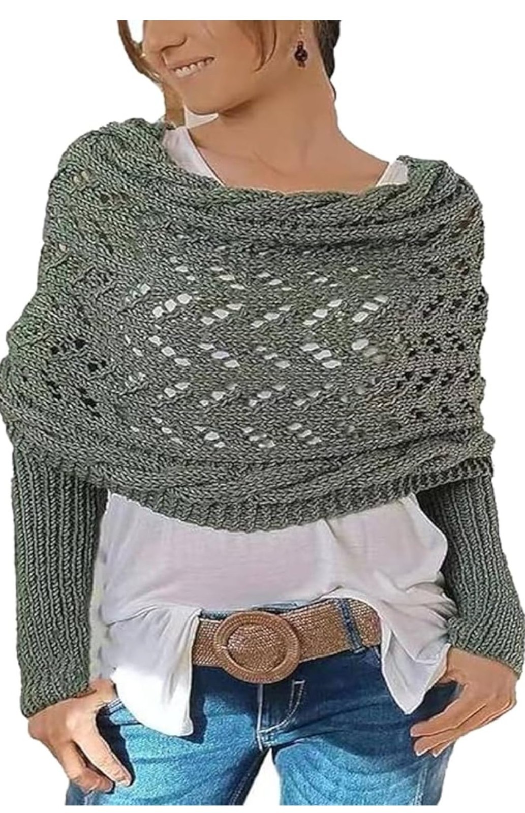 Knitted Cable Wrap Sweater Scarf with Sleeves Women’s Army Green