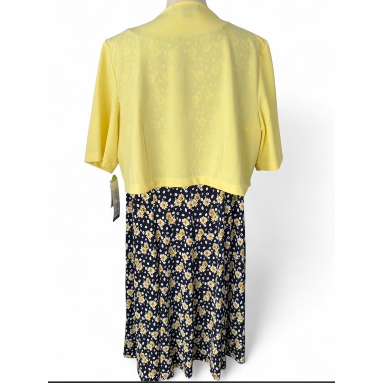 NWT Perceptions Woman 2-Pc Dress Set 1X Yellow Cropped Jacket Navy Daisy Midi