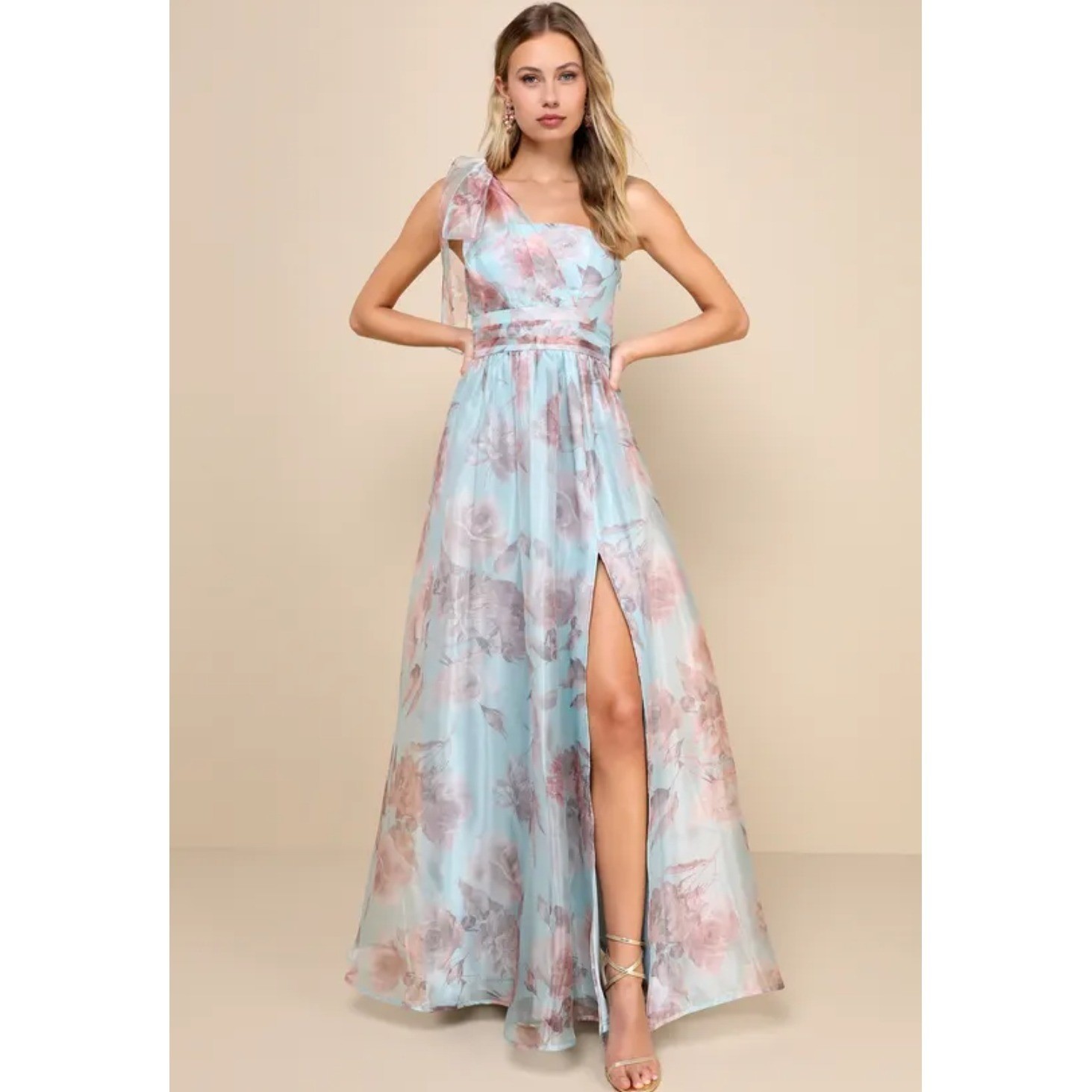 Lulus Dramatically Lovely Light Blue Floral Organza One Shoulder Maxi Dress 1X