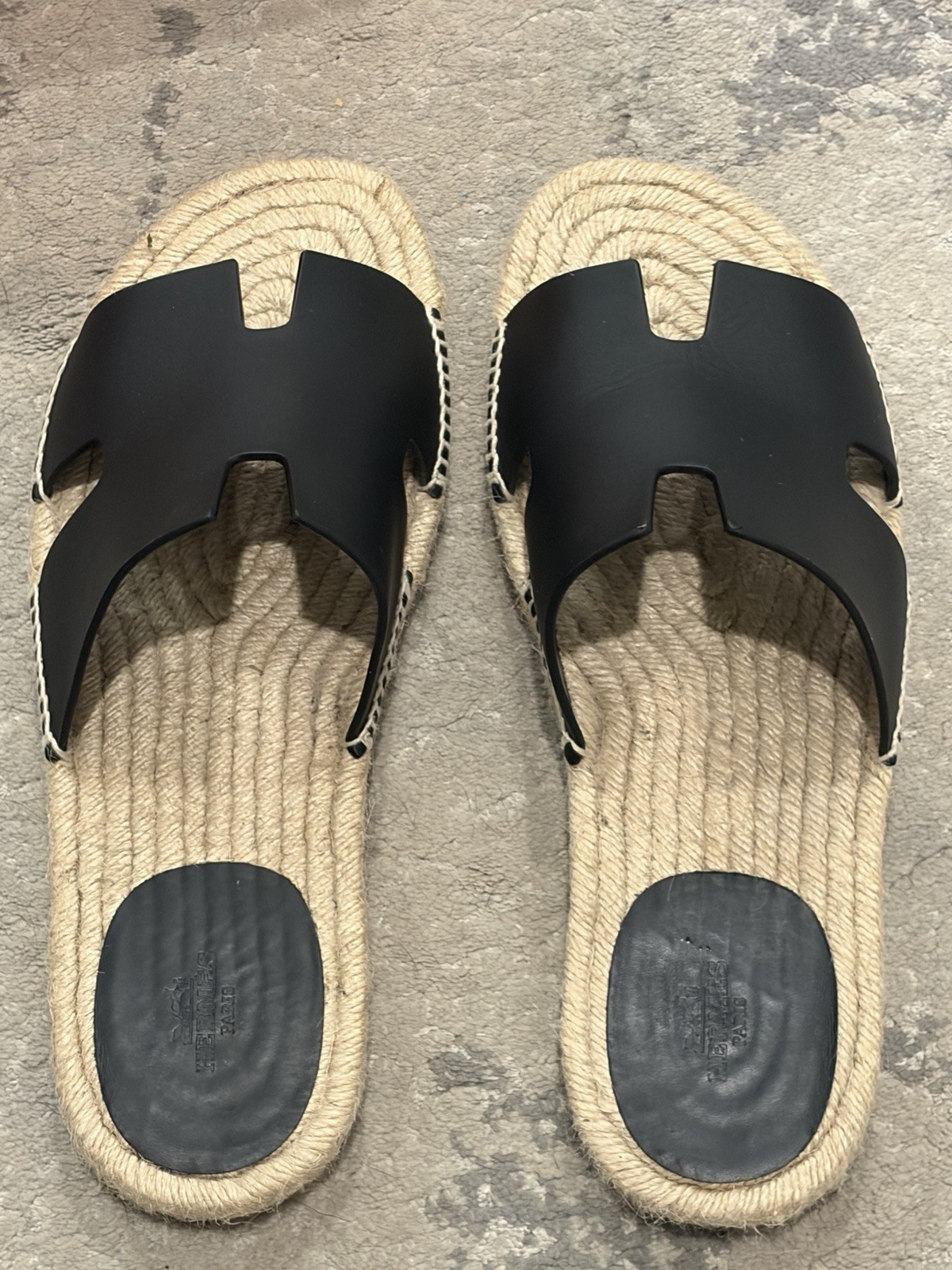Hermès Antigua Espadrille Sandals Black Leather EU 43 US 10 w/ Box Dust Bags