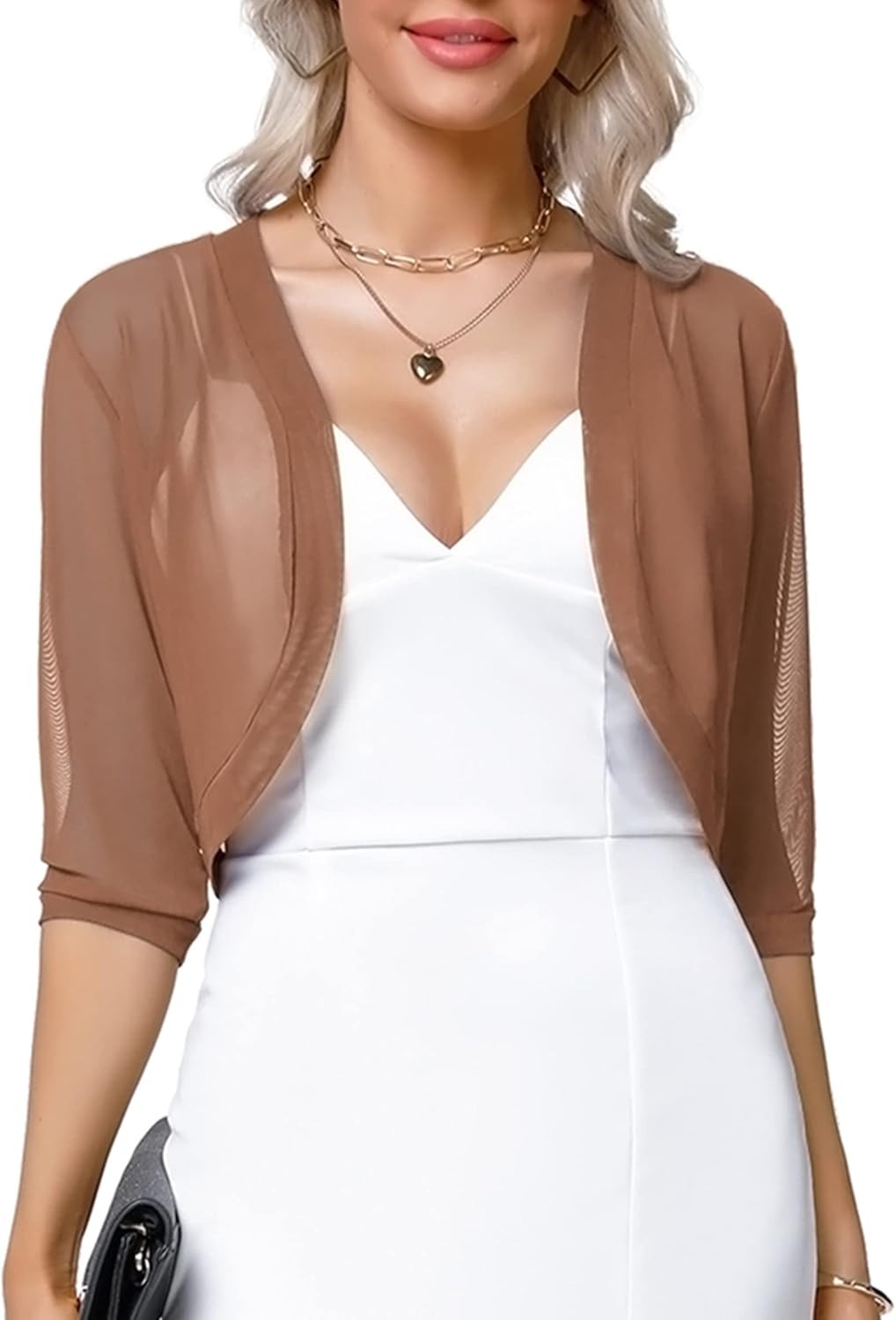 Womens 3/4 Sleeve Sheer Shrug Open Front Mesh Bolero Cropped Cardigan S-XXL