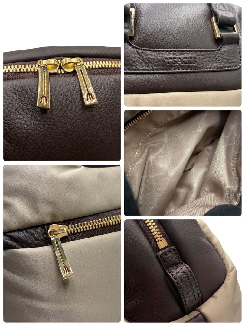Y’Saccs Isaac Dome Handbag Brown Nylon Leather Logo Japan Excellent 069639