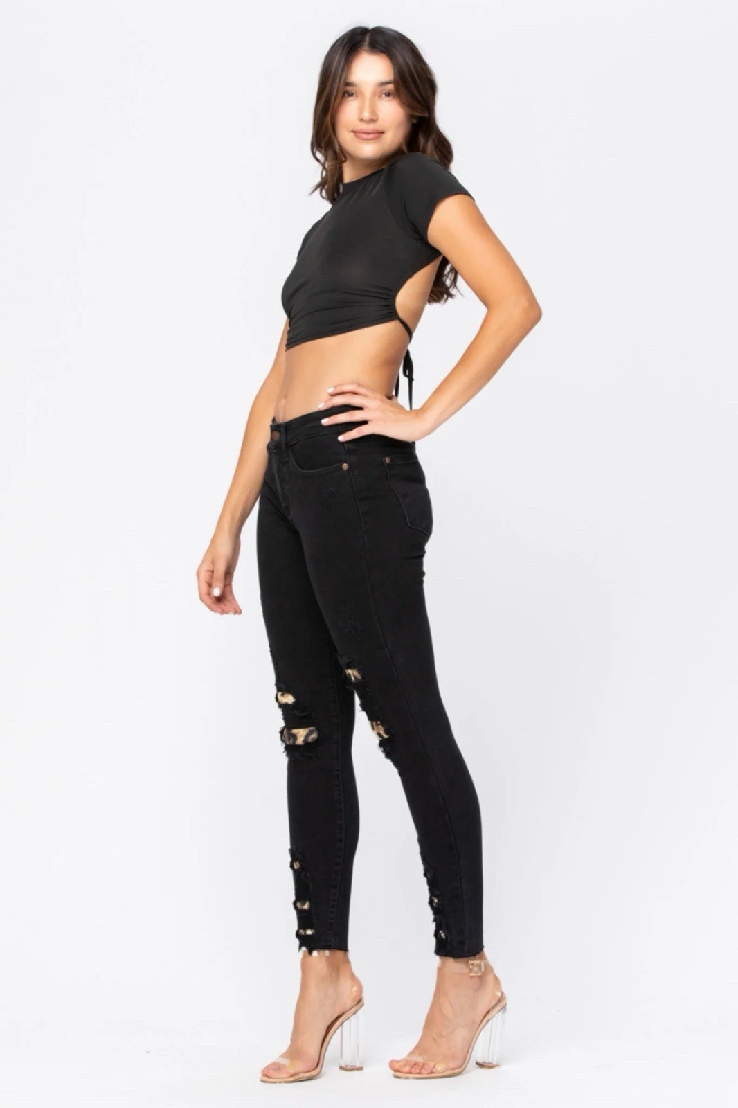 NWT Judy Blue Black Leopard Patch Skinny Jeans Mid Rise Size 15/32