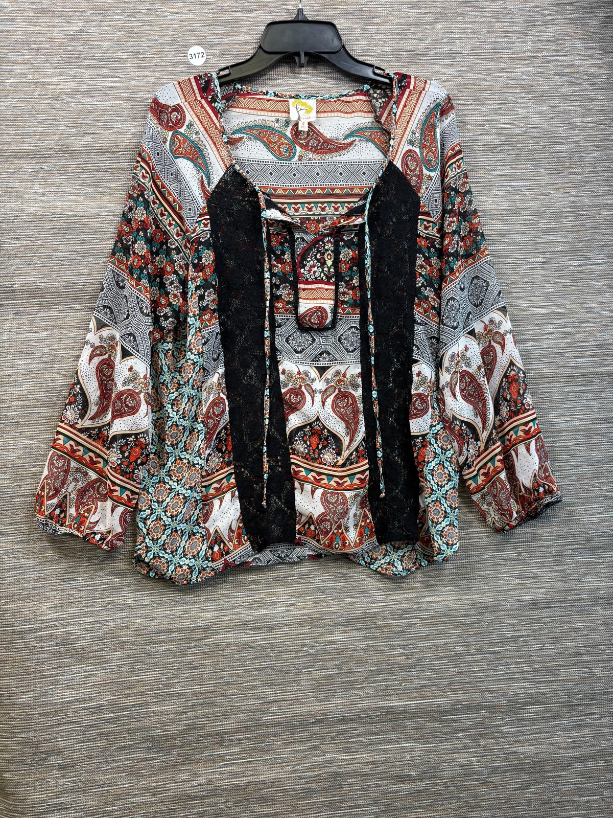 Fig And Flower Blouse Womens L Multicolor Paisley Print Lace Boho Tunic Top