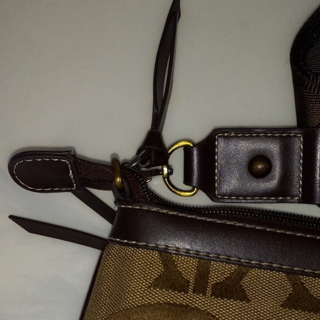 Brown Tan Logo Print Crossbody Bag Zip Closure Adjustable Strap Outer Pockets