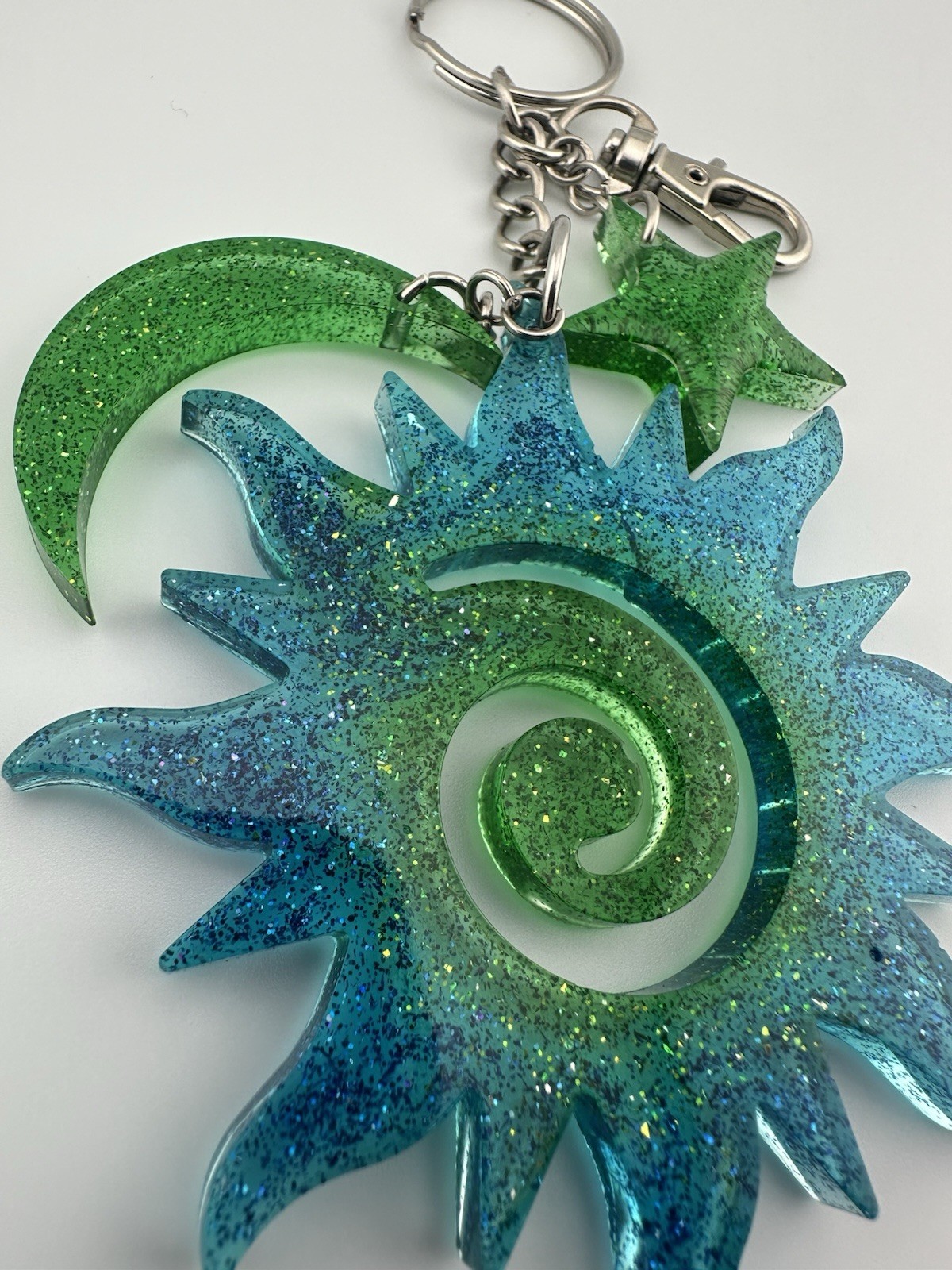 Handmade Blue Green Epoxy Resin Sun Moon Star Keychain Kawaii Bag Charm Gift