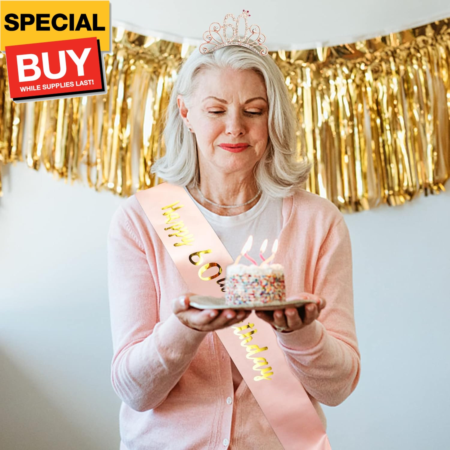 60th Birthday Sash and Tiara for Women, Rose Gold Birthday Sash and Crown Set, 6