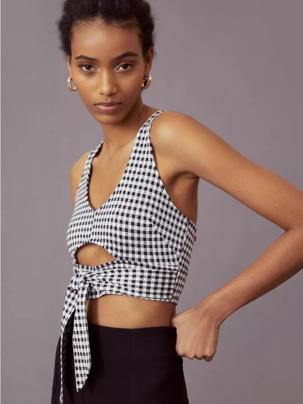 Anthropologie Maeve Black and White Gingham Cut Out Tie-Front Tank | Size Large