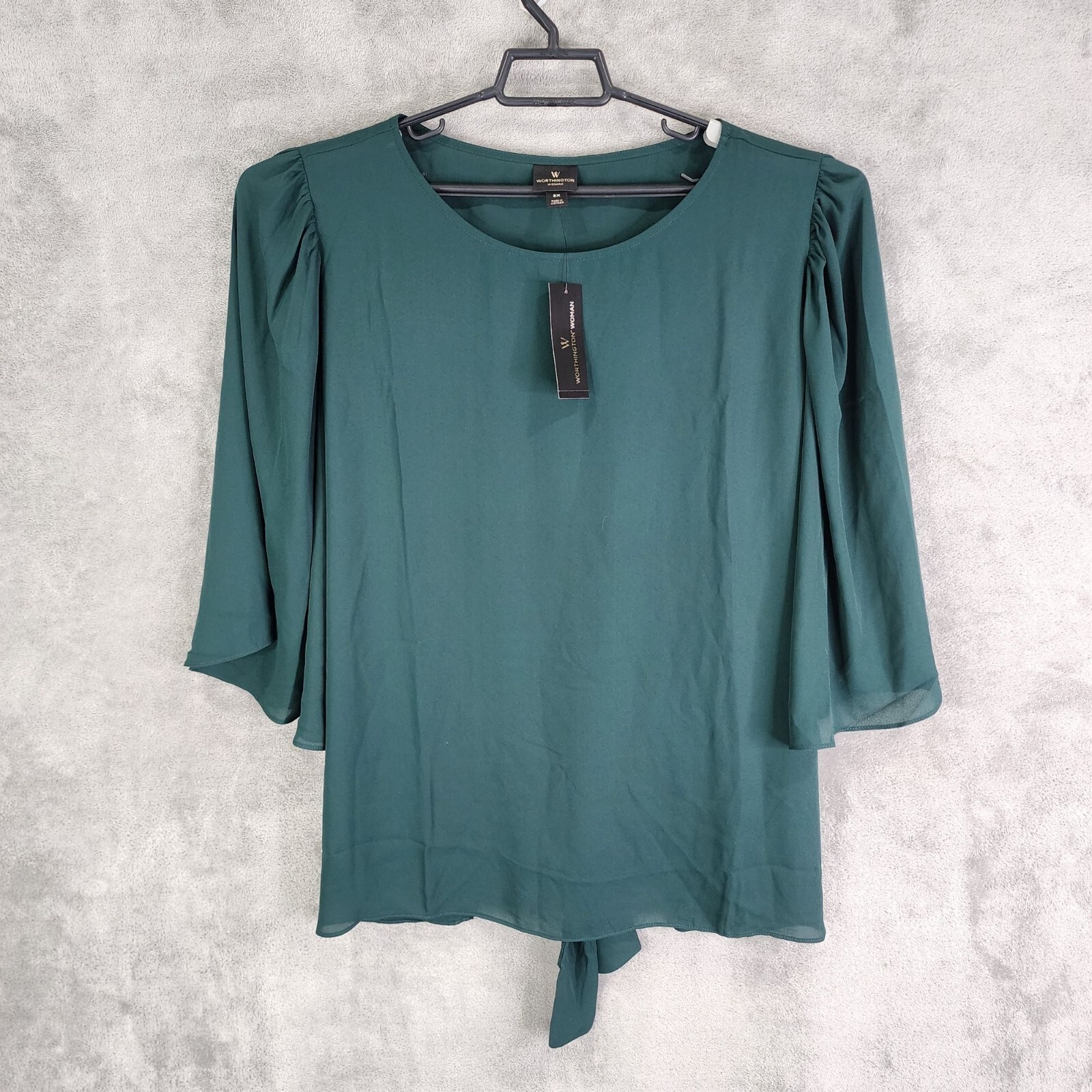Womens Green Worthing Blouse Round Neck Bell Sleeve Back Waist Tie Size 3X