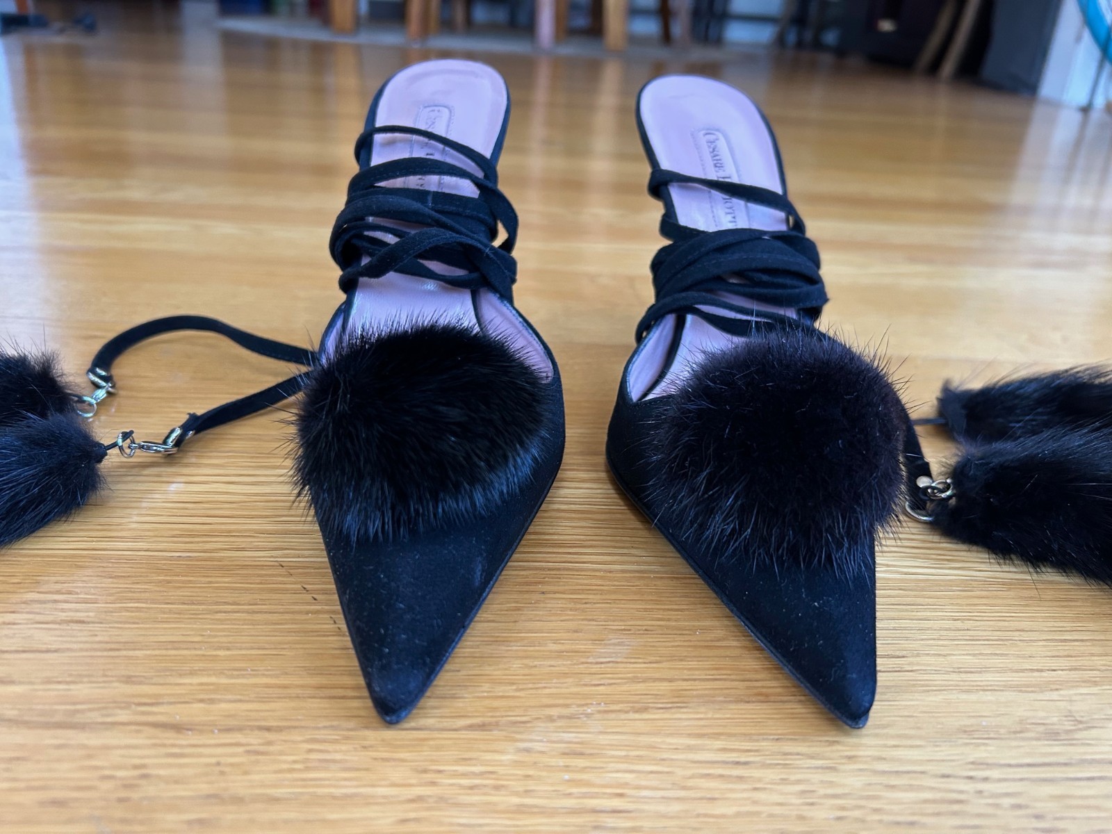CESARE PACIOTTI Black Suede Pom-Pom Fur Tassels Sandals SZ 7.5 IT 37.5 Excellent