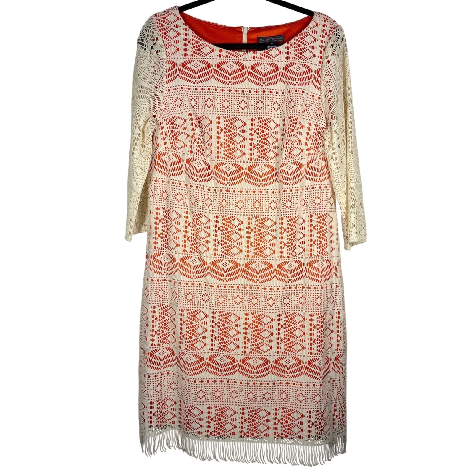 Jessica Howard Ivory Lace Overlay Orange Fringe Hem 3/4 Sleeve Dress Sz 14