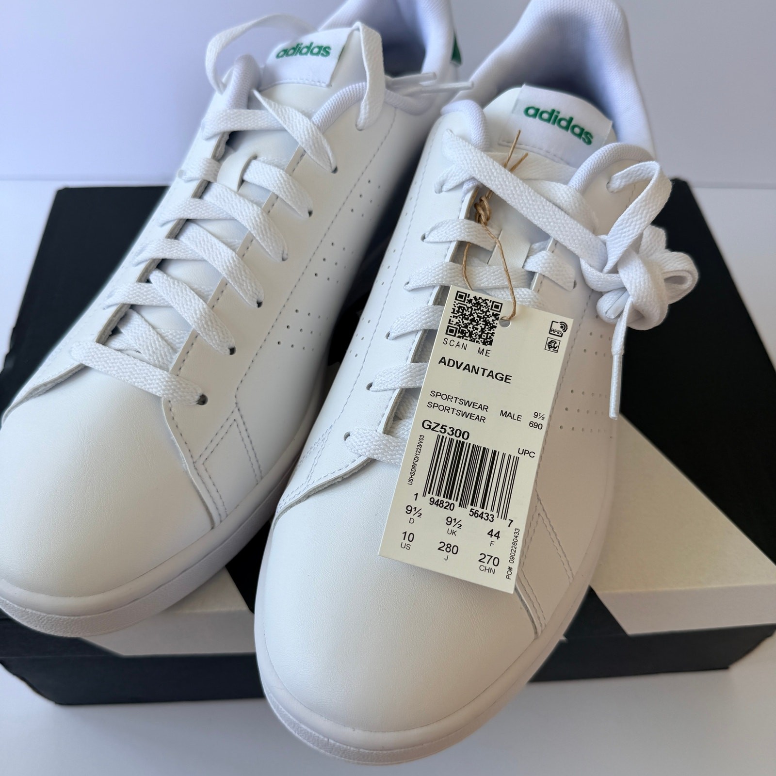 Adidas Advantage Base 2.0 GZ5300 Cloud White Green Mens 10 / UK 9.5 New NIB