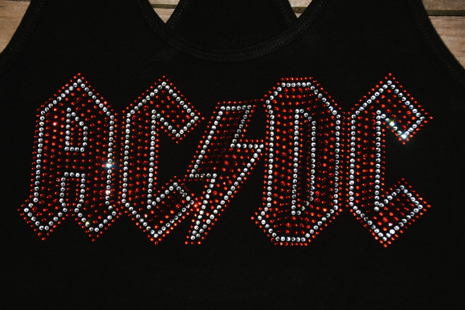 ACDC rhinestone bling racer back tank top XS, S, M, L, XL, 2X AC/DC clear