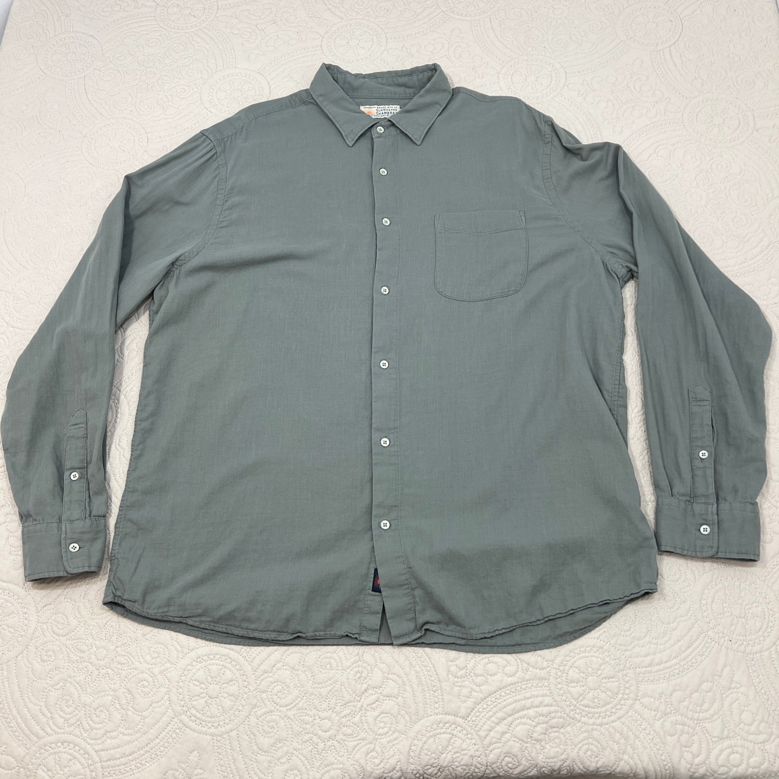 Faherty Sunwashed Chambray Shirt Mens XXL Sage Green Supima Cotton Button Down