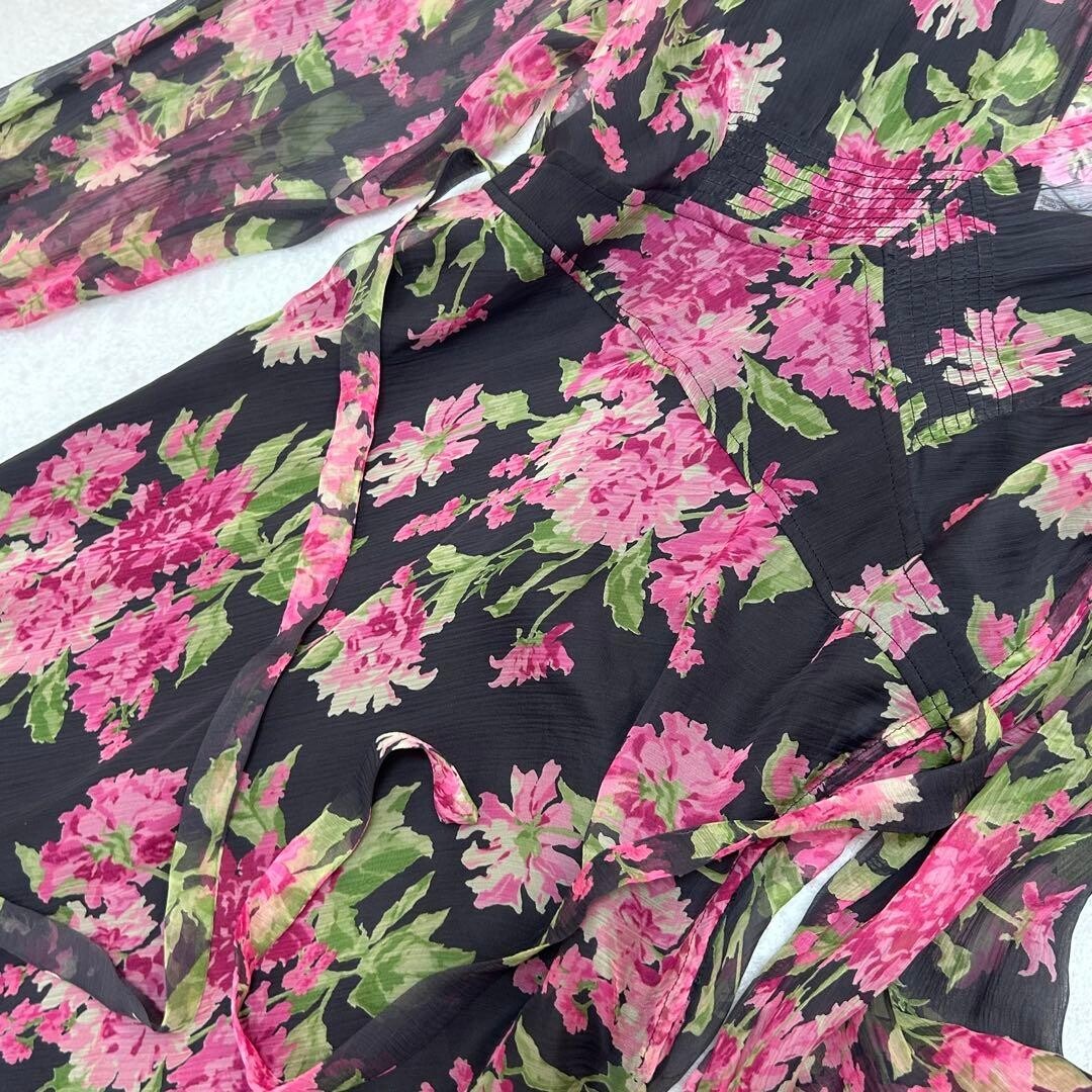 Max Mara Silk Floral Maxi Dress Ribbon Tie Black Pink Slip Auth