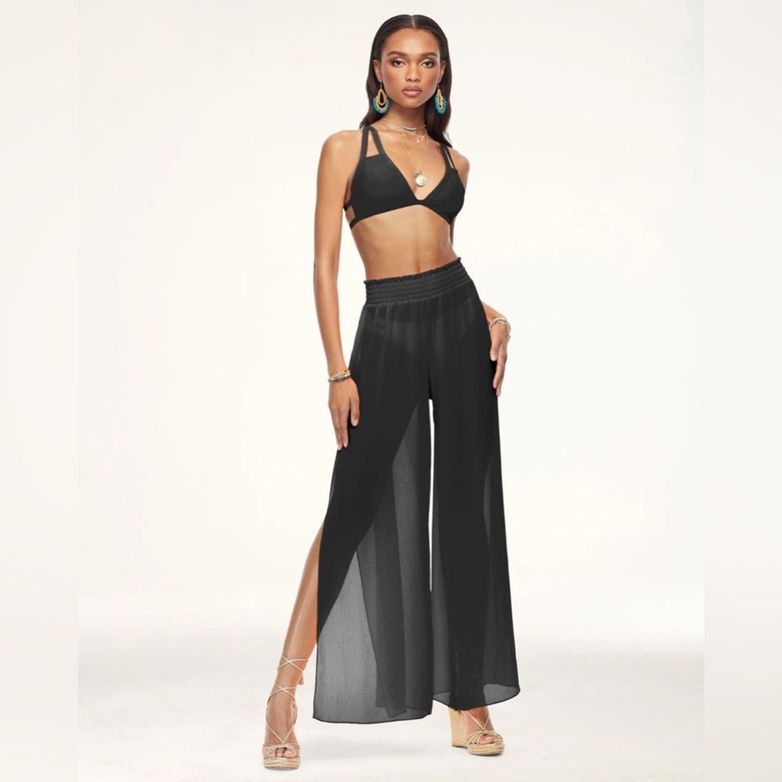 Ramy Brook Athena Textured Palazzo Cover Up Pants Black Side Slit Size L NWT