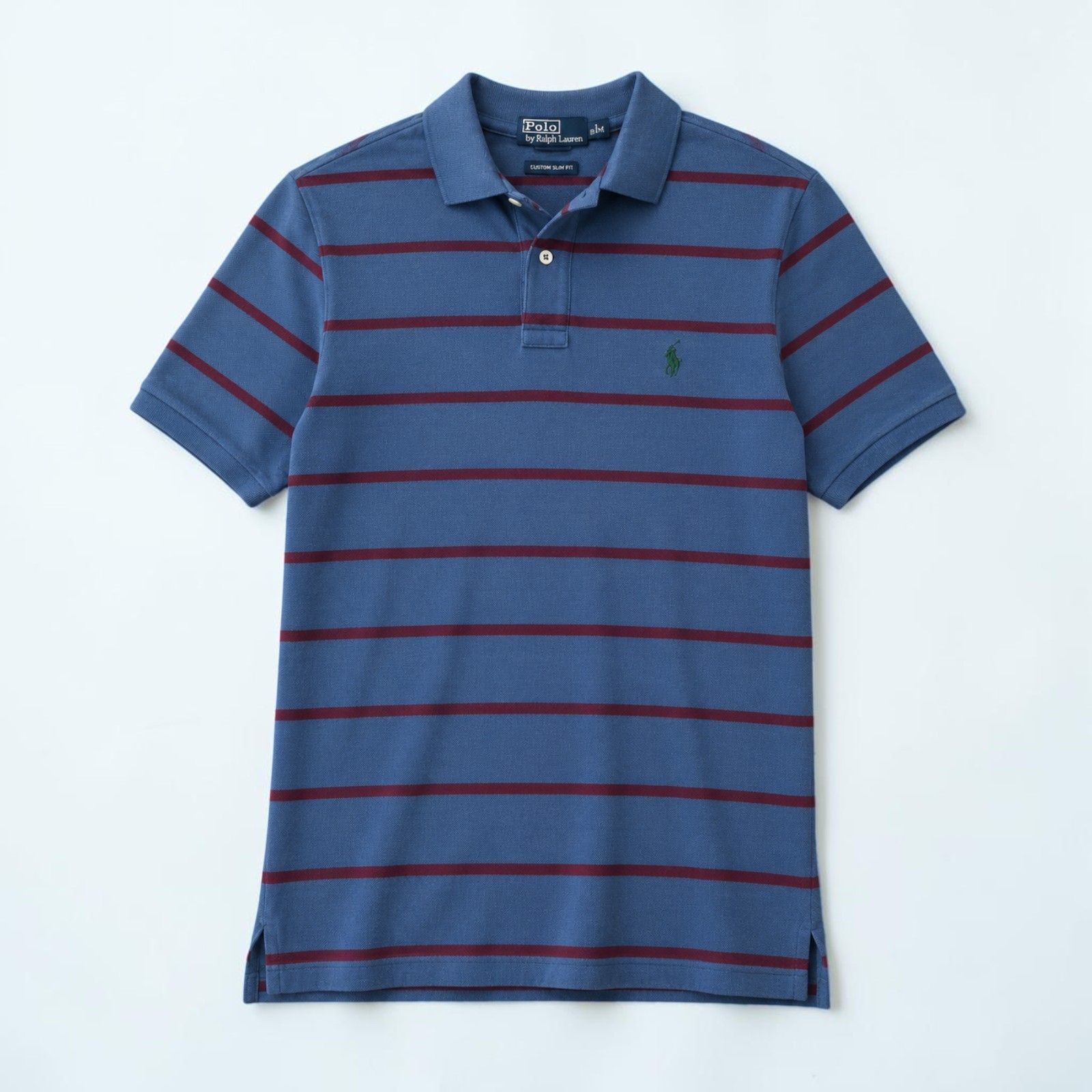 Ralph Lauren Custom Slim Fit Polo Shirt Blue Burgundy Striped Pony Logo