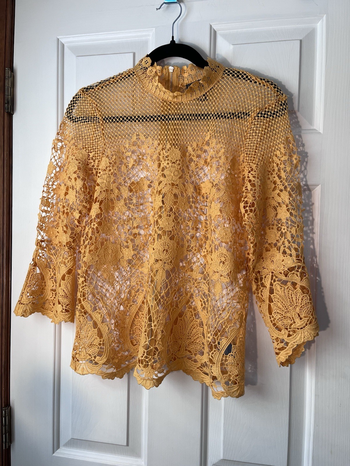 Bold Elements Yellow Floral Lace Sheer High Neck 3/4 Bell Sleeve Blouse M