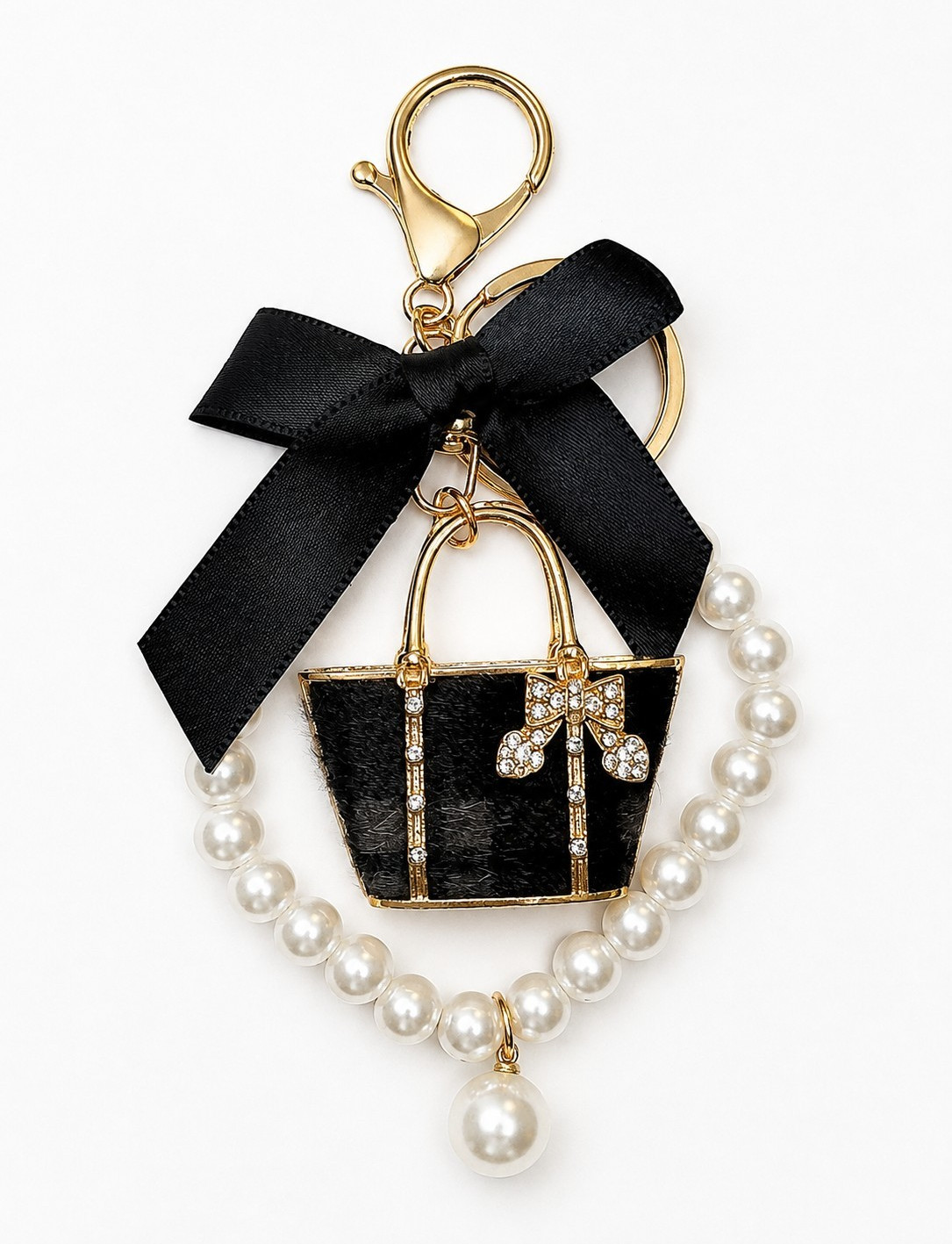 Gold Tone Purse Charm Keychain Handbag Black Bow Faux Pearl Keyring Women
