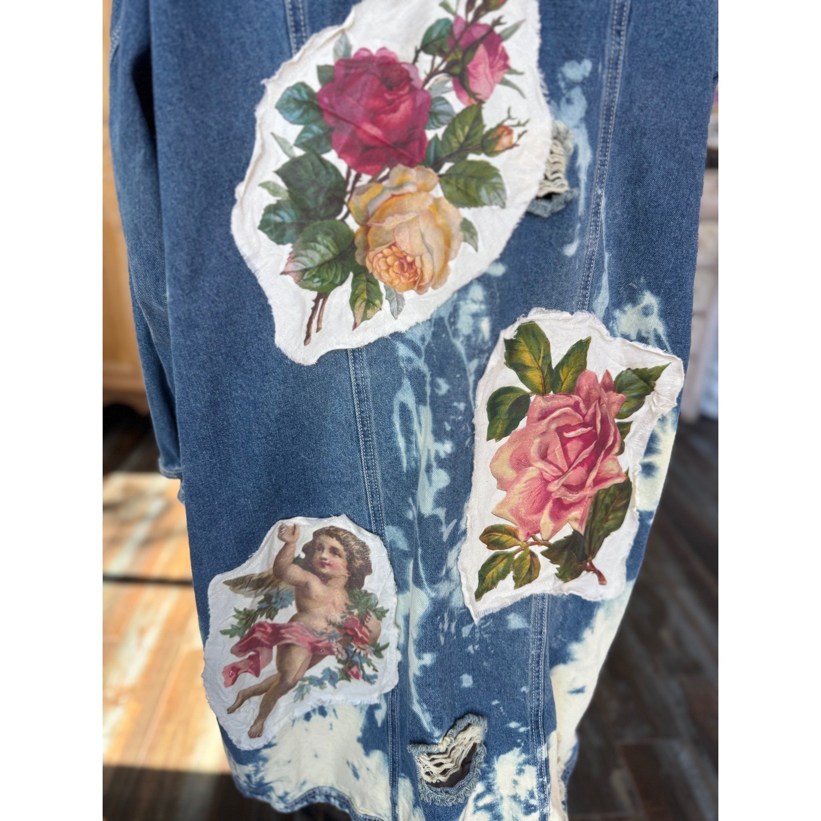 Upcycled Denim Coat Cherub Rose Patch Long Jacket Boho Folk Art XL/XXL