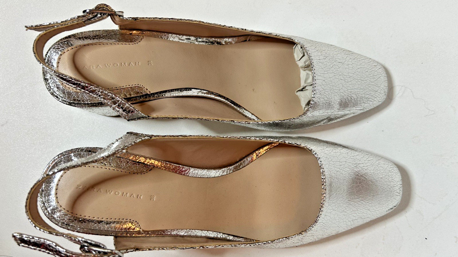 Zara Womens Leather Slingbacks in Silver Metallic Size 38 / US 7 1/2