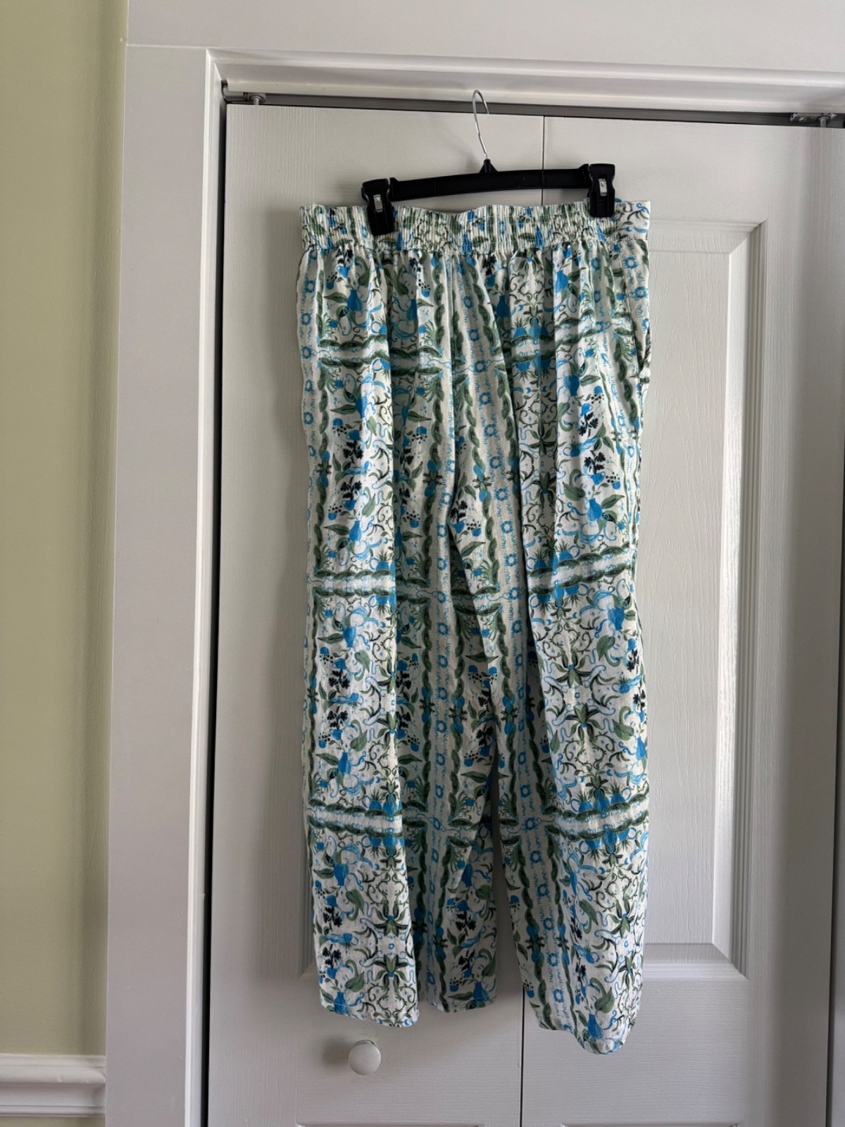 JOIE LINEN PANTS-White, Full Leg, Elastic Back Waistband, Green/Blue Floral, LG