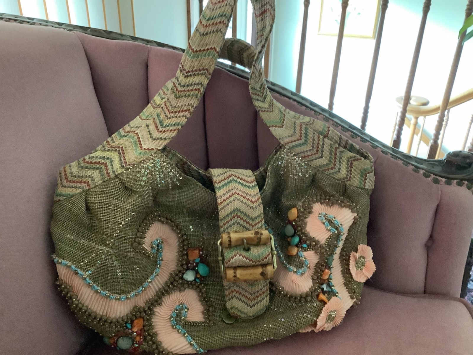 Mary Frances handbag. Unique with stones, beads and large buckle snap closure.