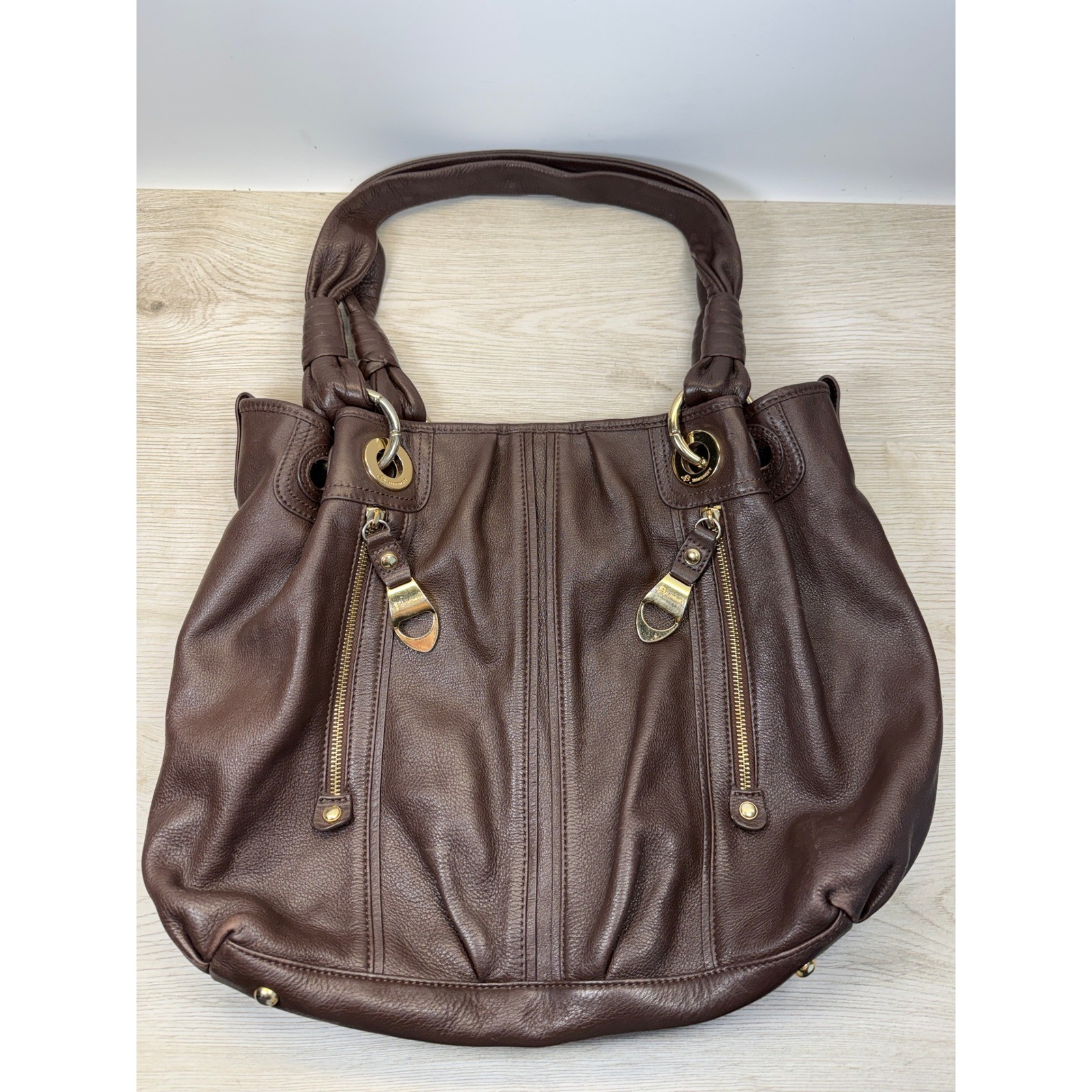 B Makowsky Women Large Shoulder Bag Brown Pebbled Leather Gold Leopard Hobo Boho