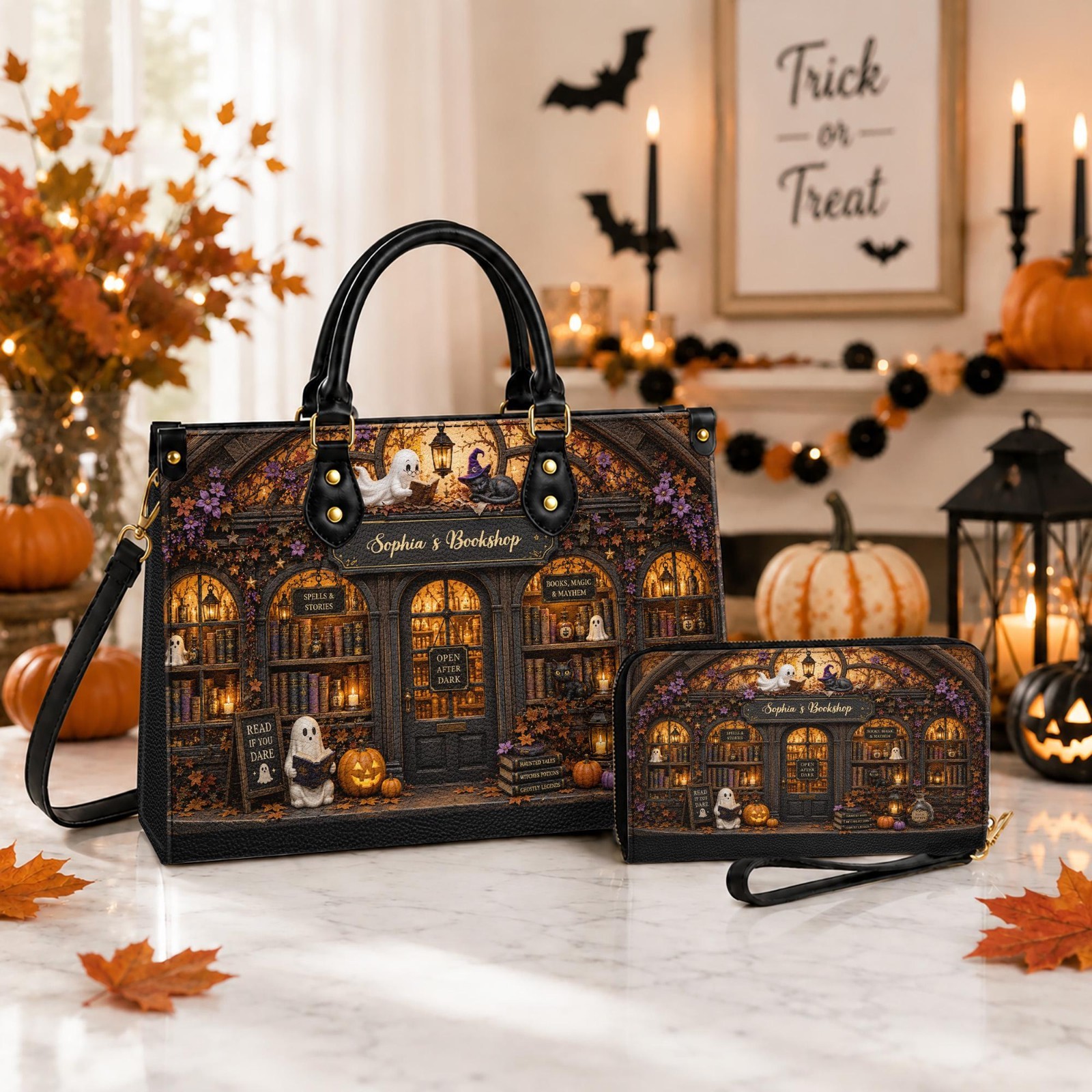 Personalized Halloween Bookshop Leather Handbag, Custom Name Ghost and Black Cat
