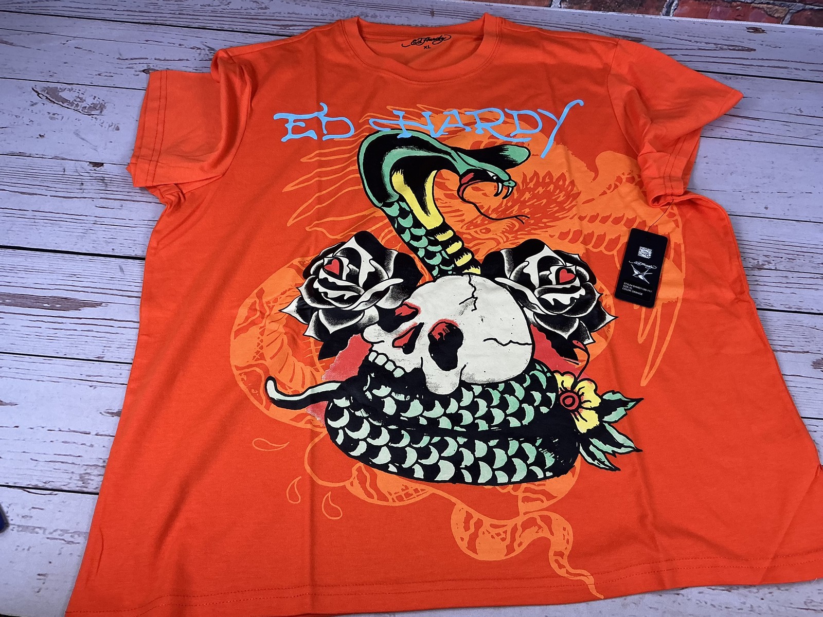 Ed Hardy Men’s XL Orange Skull Snake Rose Tattoo Art T-Shirt NEW NWT
