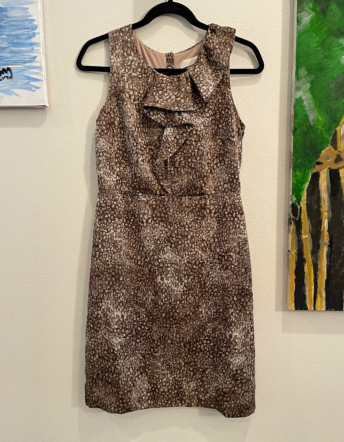 LOFT Brown Beige Abstract Sheath Dress Satin Round Neck Ruffle Lined Knee 2