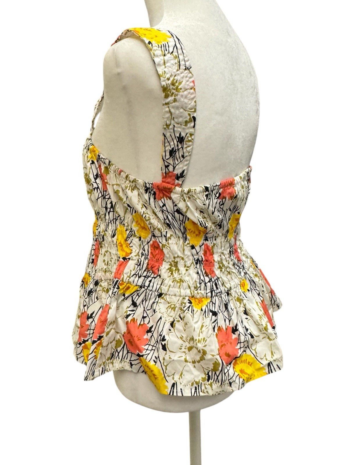 NWT BCBG Max Azaria Floral Coral & Yellow On White Ruched Peplum Tank Top US S
