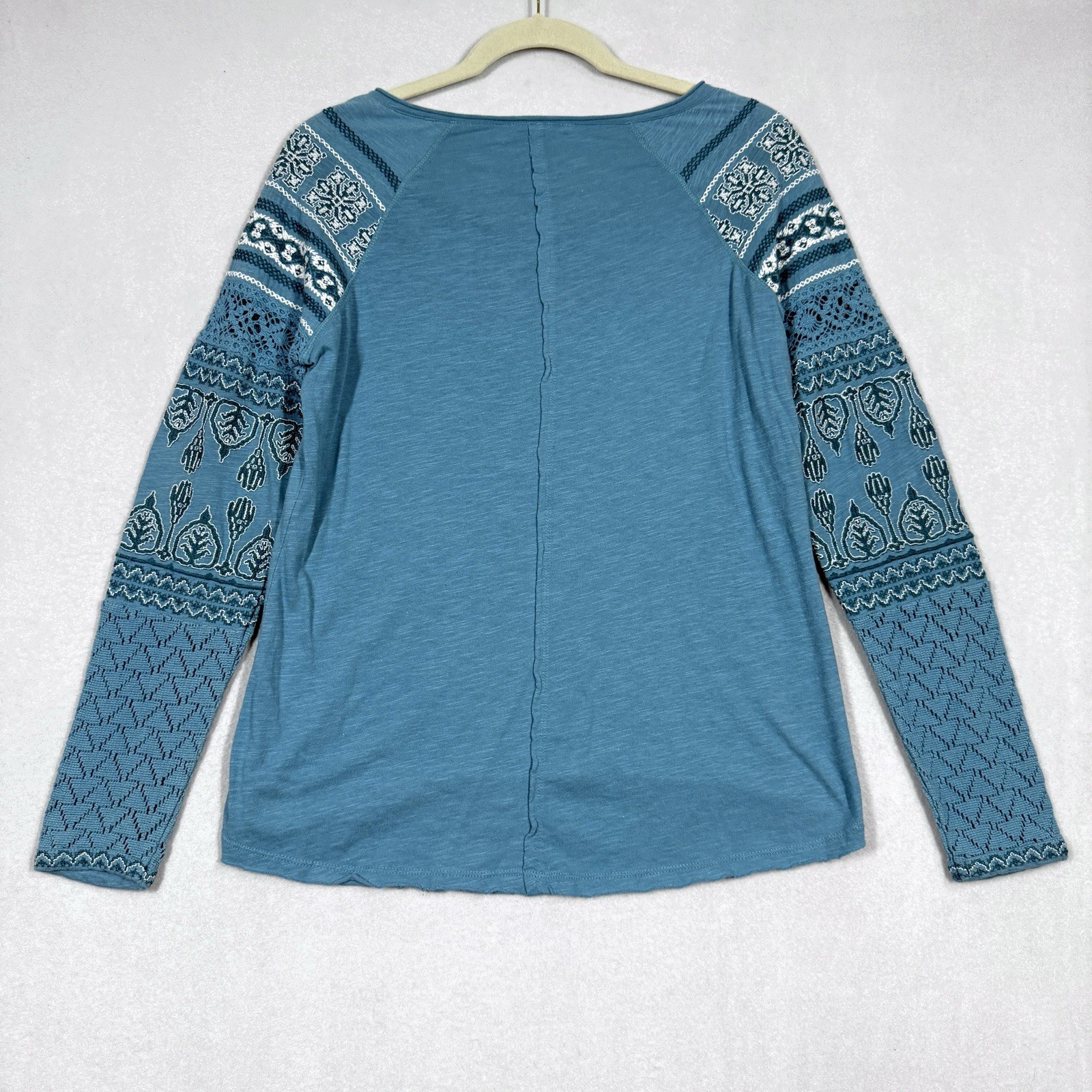 Sundance Top Womens Small Henley Embroidered Crochet Sleeve Bohemian Bella Swan
