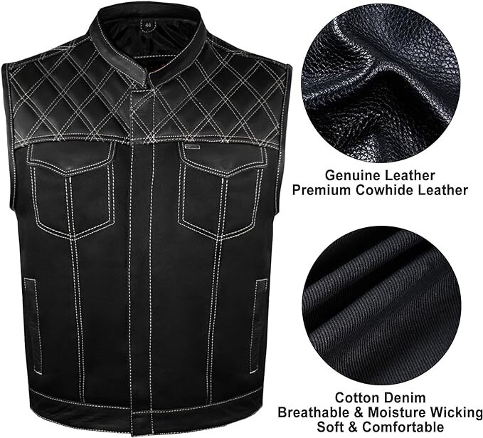 SOA Men’s Motorcycle Club Denim & Leather Vest Concealed Carry Pocket Multicolor