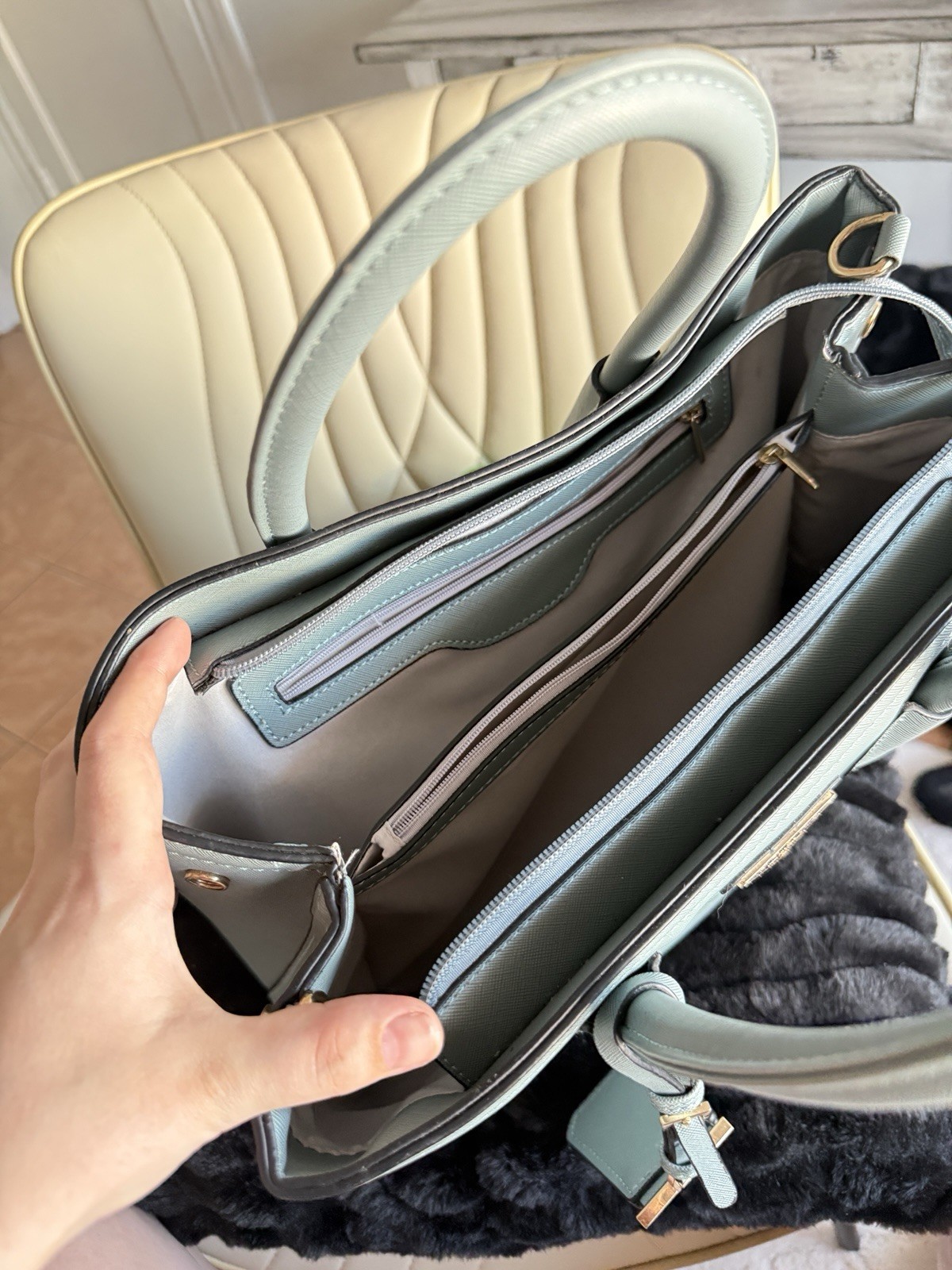 PRADA Light Blue Medium Satchel Top Handle Zip Bag w/ Detachable Strap Pockets