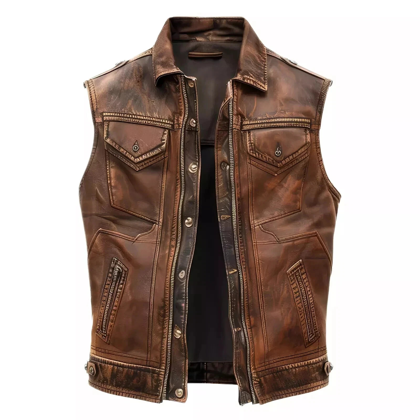 Men’s Brown Distressed Real Sheepskin Leather Motorcycle Biker Vest