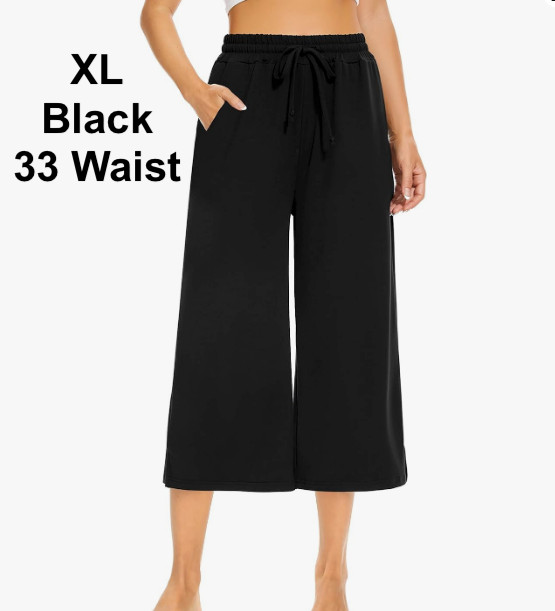 Black Womens Capri Yoga Pants XL Wide Leg Casual w/ Pockets Drawstring SUNYAA