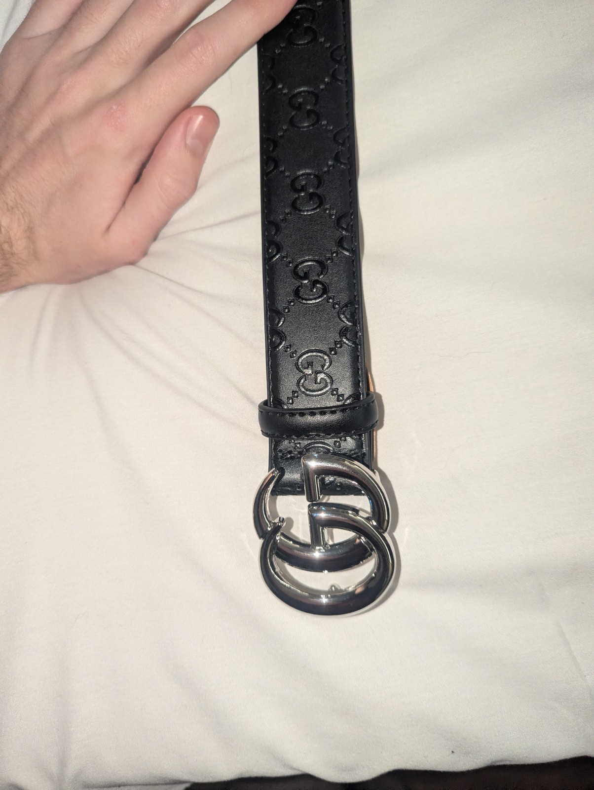 Gucci Belt Black GG Embossed Leather Double G Silver Buckle Men 110cm/38-44