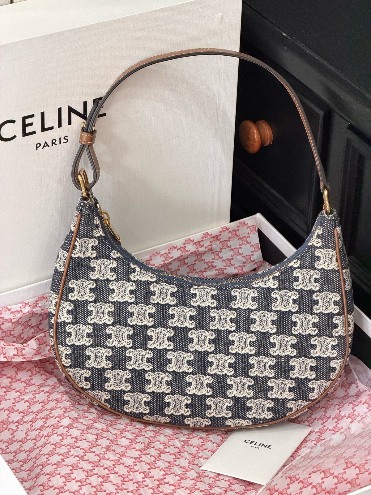 Celine Ava Denim Triomphe Embroidered Blue Shoulder Bag