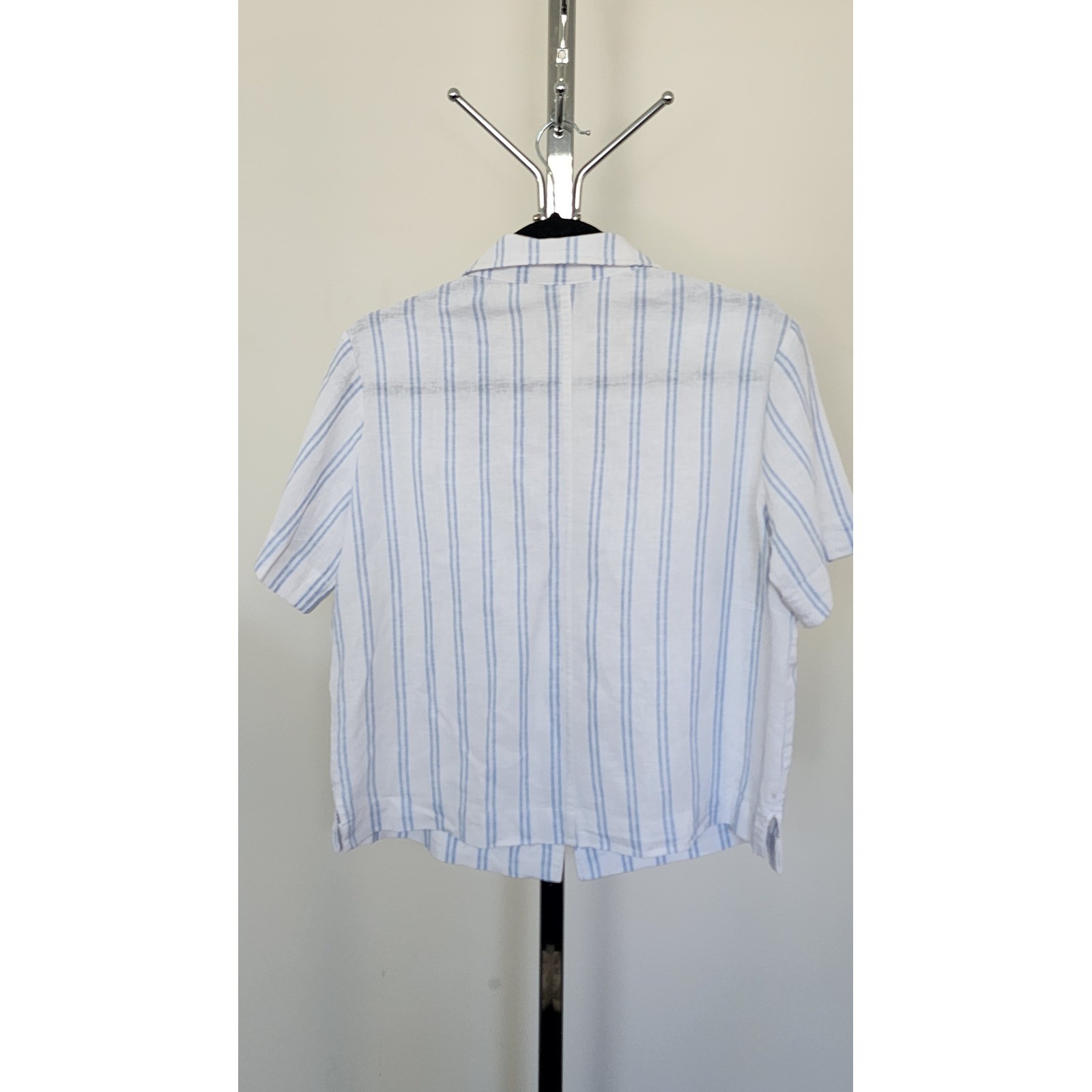 Buffalo David Bitton Womens Linen Blend Striped Short Sleeve Camp Shirt Blue S