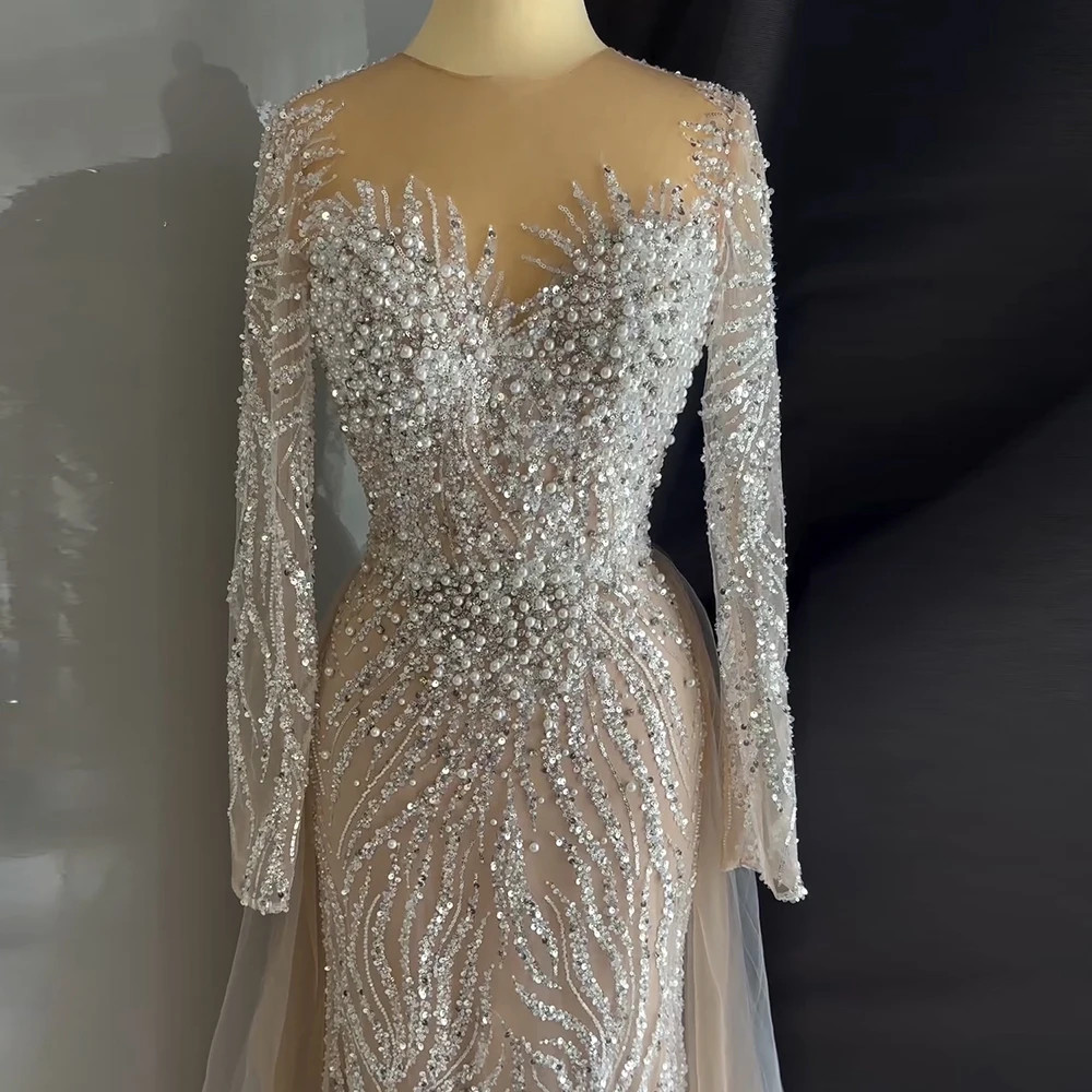 Luxury Beaded Mermaid Evening Gown with Long Sleeves Formal Wedding Party Dress