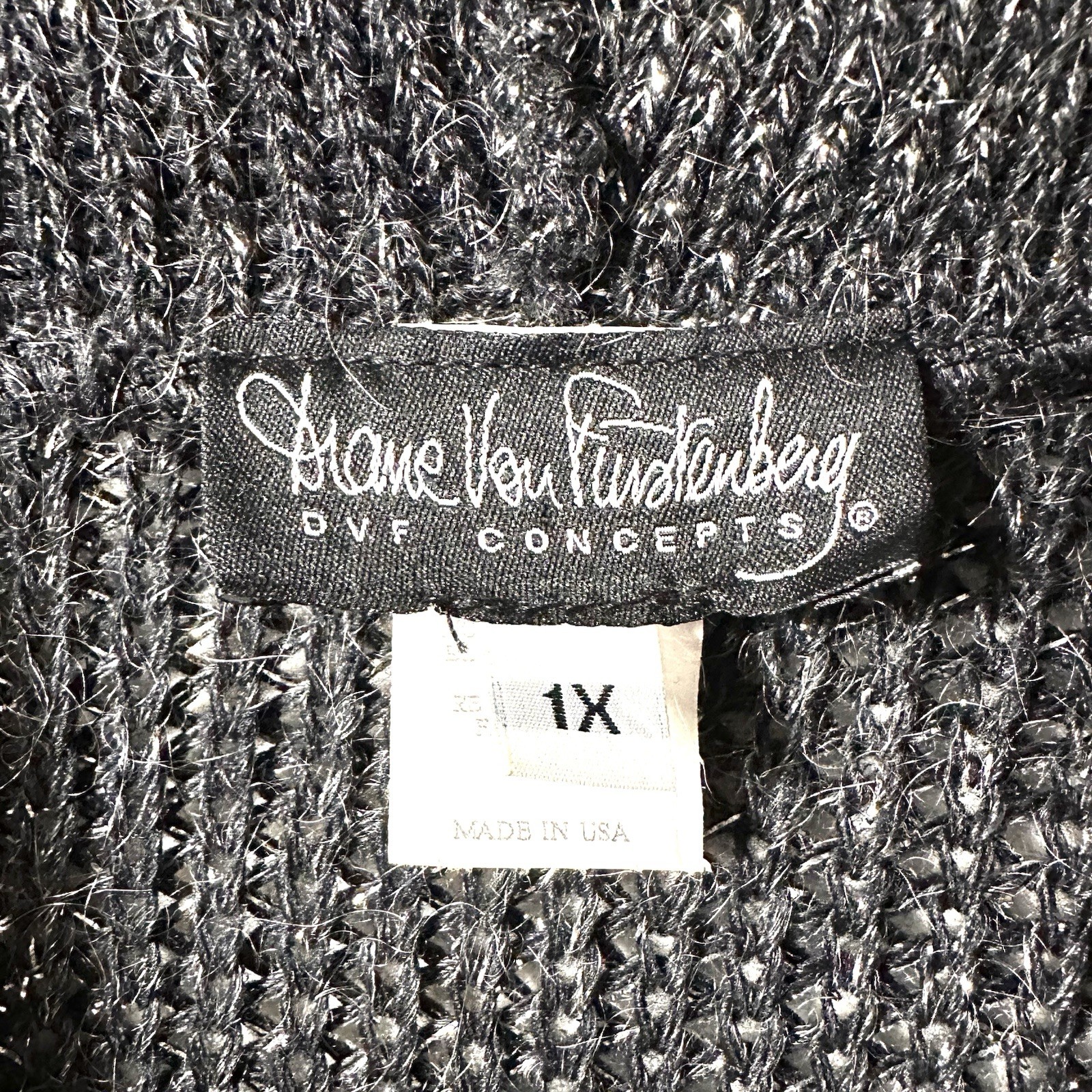 Diane Von Furstenberg 1X Sweater Metallic Mohair Crowl Black Silver Vintage