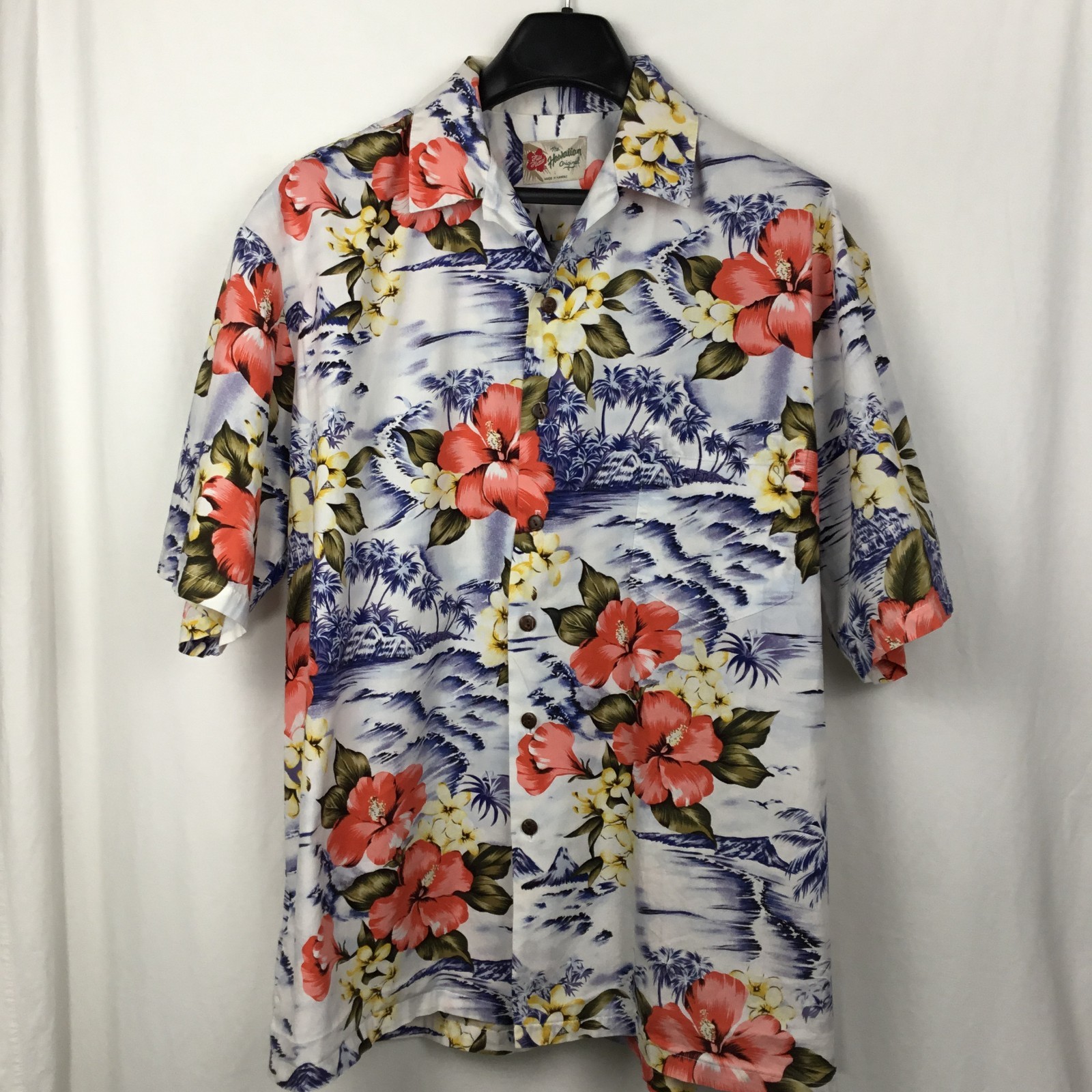 Hilo Hattie Vintage Mens Hawaiian Camp Shirt Large White Floral Aloha Summer