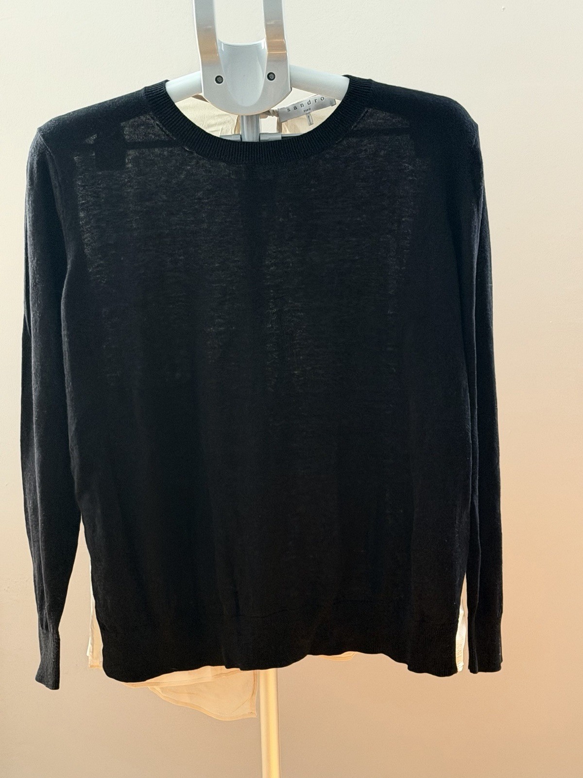 Sandro Womens Black Knit Pullover Sweater Beige Silk Back Tie Size 2