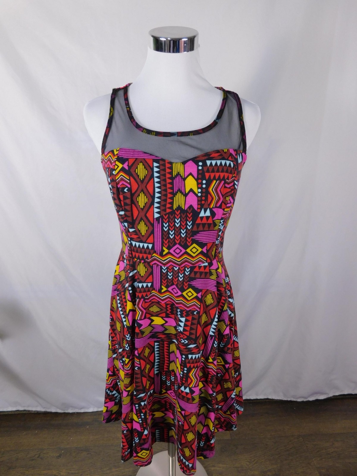 Xhilaration Dress Juniors Medium Multicolor Geometric Mesh Fit & Flare Skater